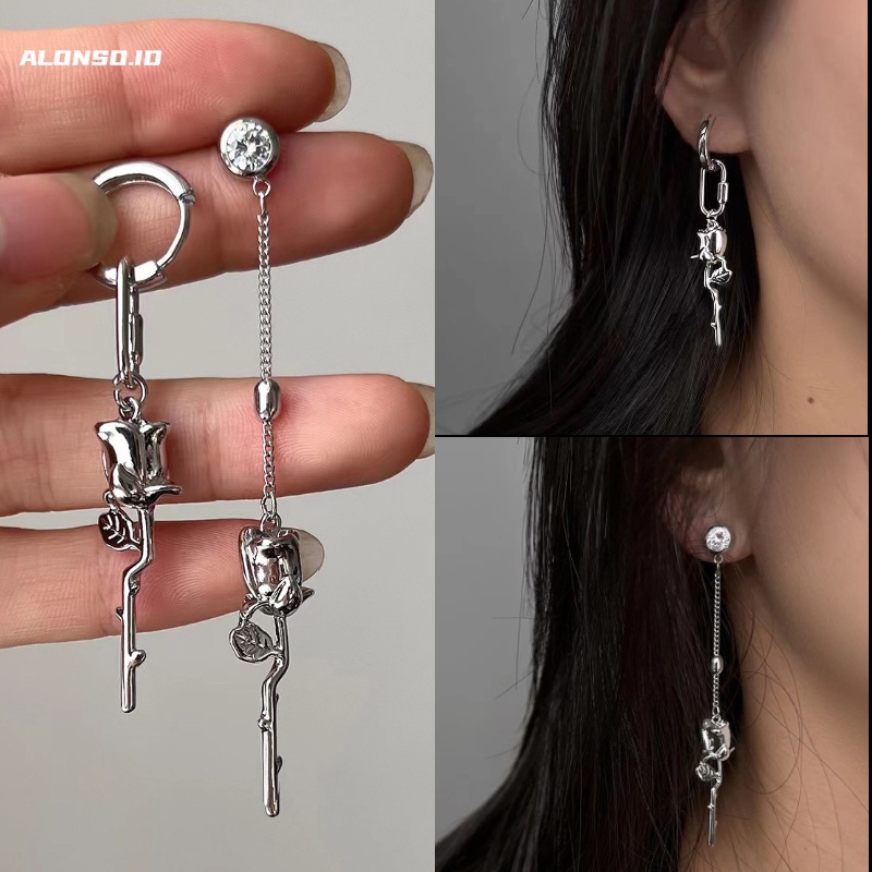 Aksesoris Anting Mawar Fashion Asimetris Gelap