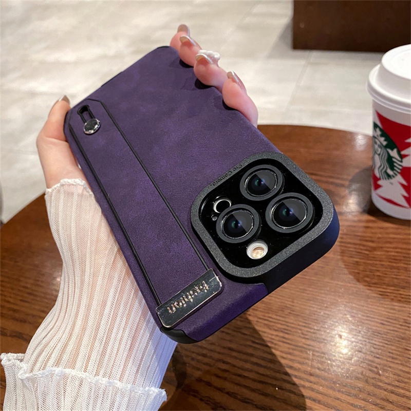 IPHONE Stand Phone Case Tali Jam Tangan Kulit Untuk Iphone14 13 12 11 Pro Max7 8 14 plus X XSMAX XS XR Suede Leather Silikon Lembut Shockproof Cover