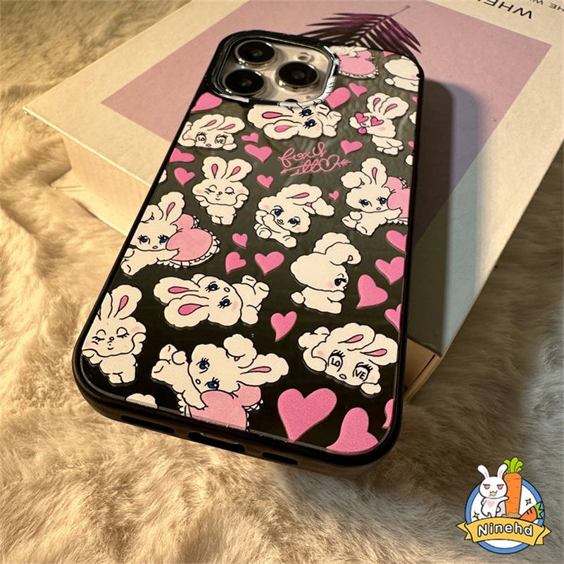 Ins Korea Little White Rabbit Glossy IPhone Case Kompatibel Untuk Iphone14 13 12 11 Pro Max X Xr Xs Max 8 7 6 6s Plus SE 2020 Hitam Shockproof Pembuangan Panas Silikon Soft Case