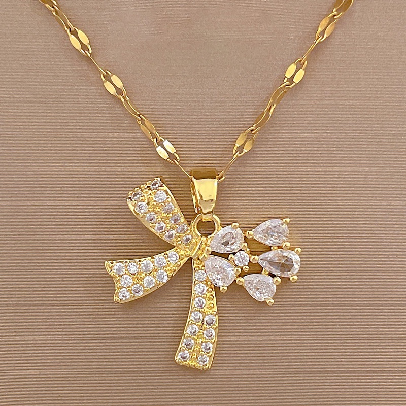 Xiaoboacc Kalung Titanium Steel Micro Inlay Zircon Butterfly Untuk Wanita Tren Ikatan Simpul Berlian Penuh Rantai Klavikula