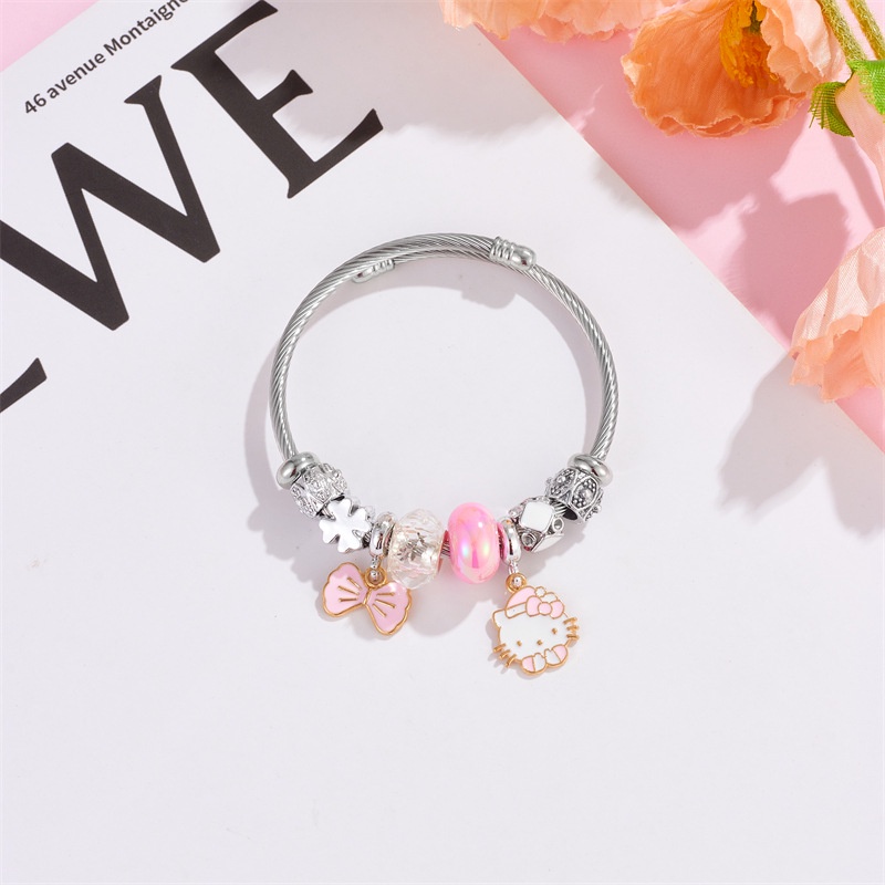 Xiaoboacc Gelang Perak Anti Karat Untuk Wanita Fashion Kartun KT Cat Beads Bangles Adjustable