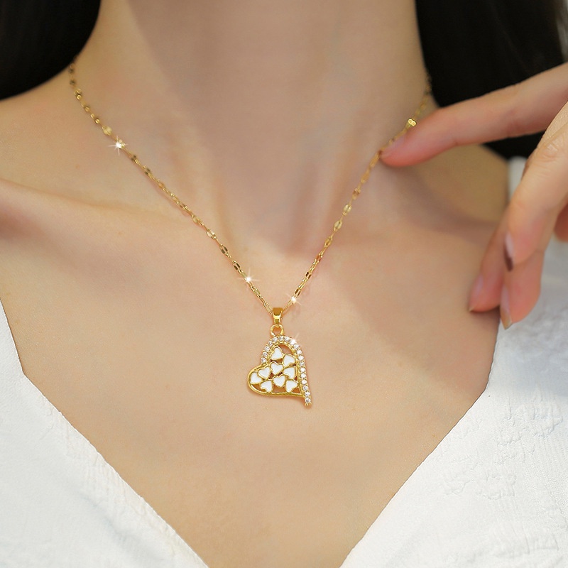 Xiaoboacc Titanium Steel Berlian Penuh Cinta Kalung Untuk Wanita Mewah Berlapis Emas Hati Klavikula Rantai Perhiasan