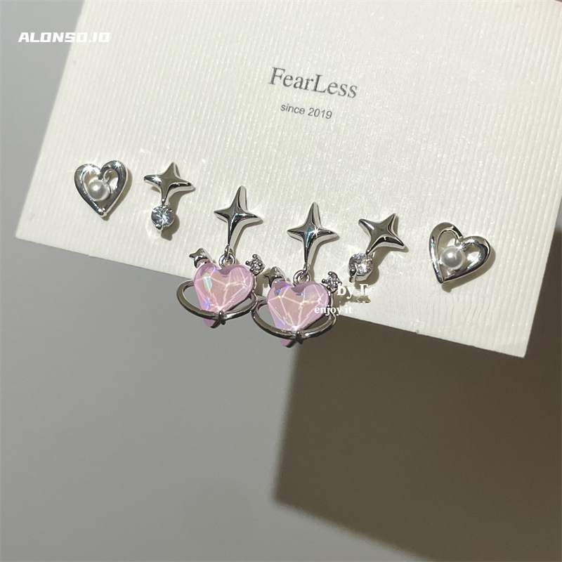 Anting Enam Potong Cinta Pink Aksesoris Temperamen Versi Korea