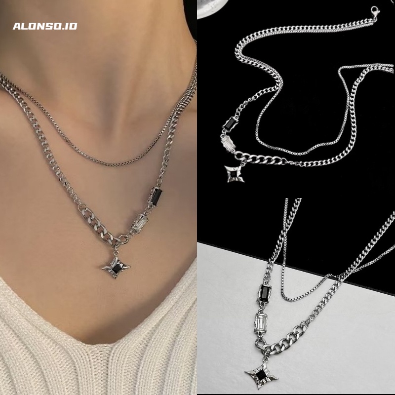 Aksesoris Kalung Bintang Awn Multilayer Berlian Ganda Tren Retro Mewah Ringan