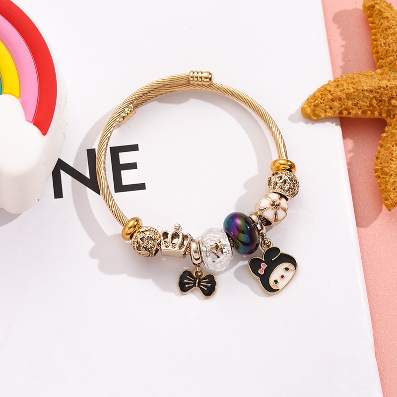 XiaoboACC Fashion Kartun Melody Liontin Manik-Manik DIY Stainless Steel Terbuka Dapat Disesuaikan Gelang