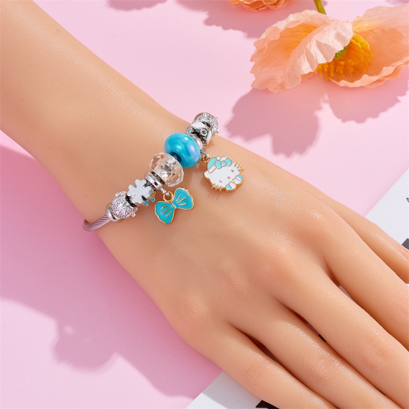 Xiaoboacc Gelang Perak Anti Karat Untuk Wanita Fashion Kartun KT Cat Beads Bangles Adjustable