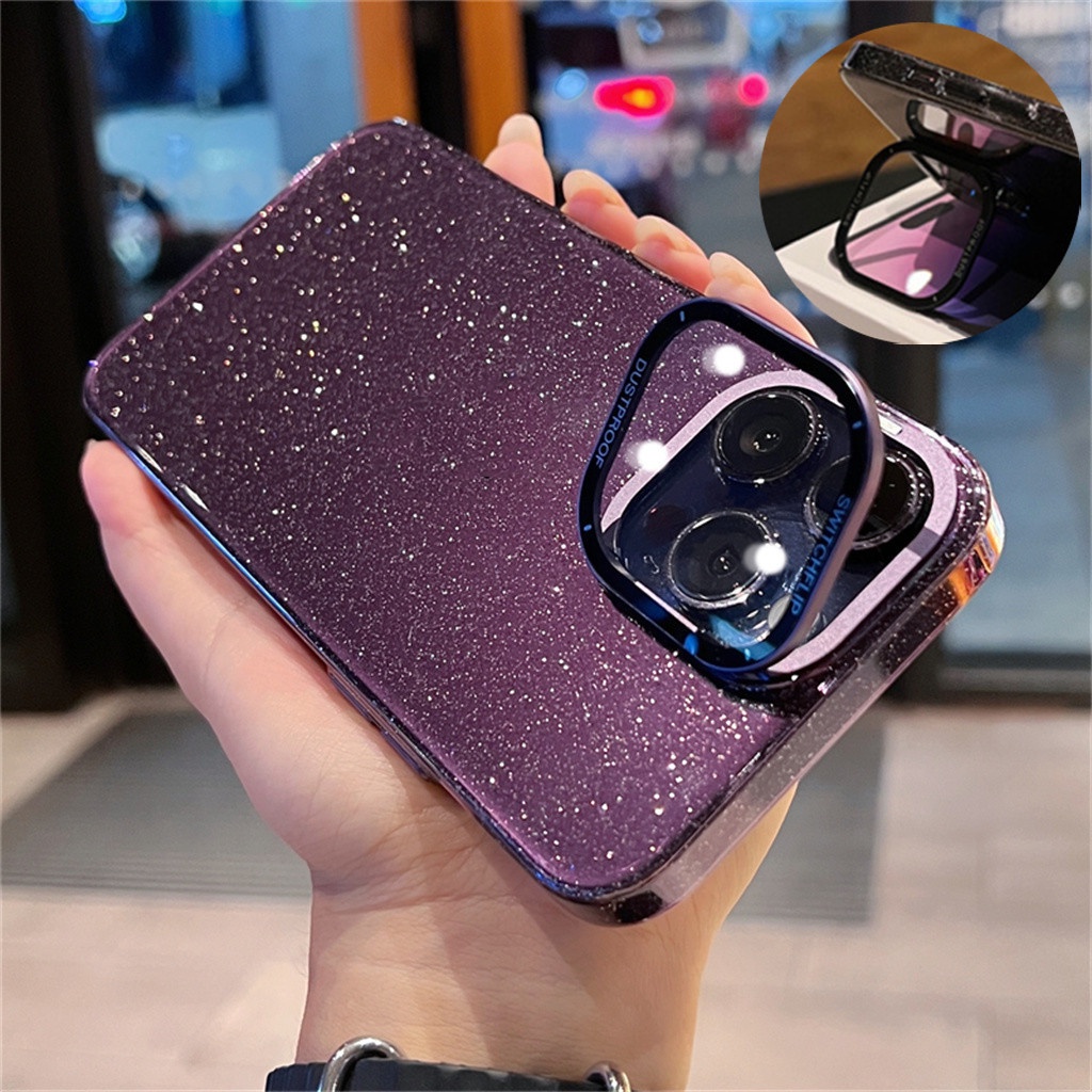 Casing Kedip Mewah iPhone 14 Pro Max case Kamera Perlindungan Lensa strand case Iphone12 13 Pro Max14 Plus case Dengan bracket shock protection Transparan hard back cover