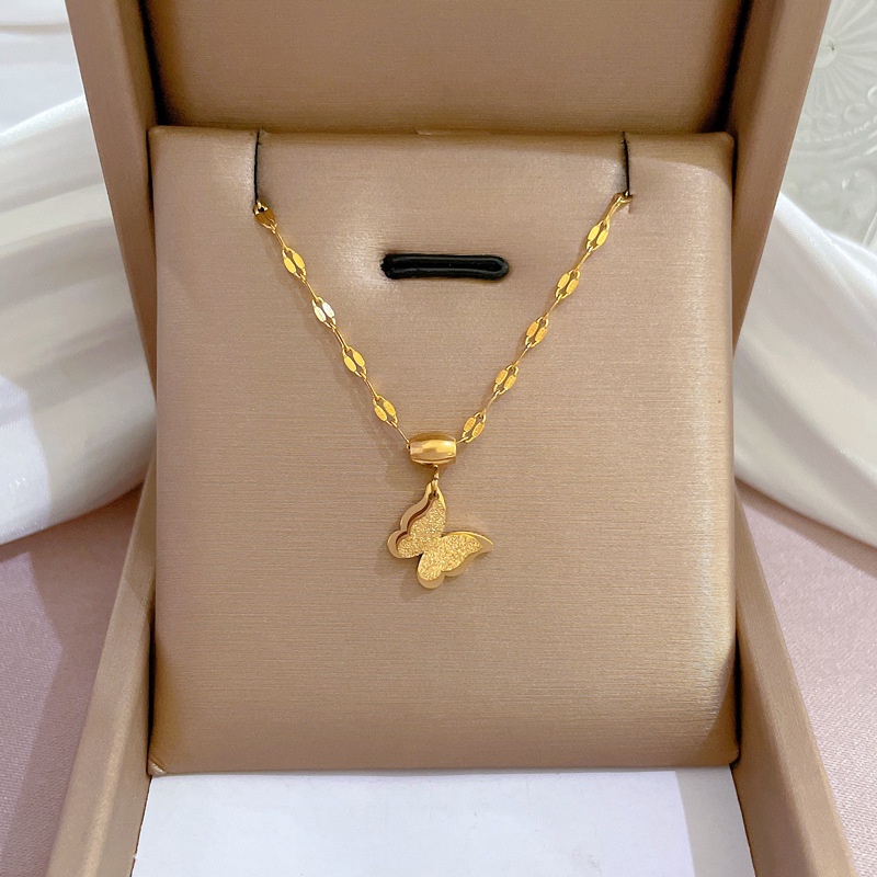 Xiaoboacc Titanium Steel Wanita Minimalis Kupu-Kupu Rantai Kalung Berlapis Emas Gadis Mewah Choker Perhiasan