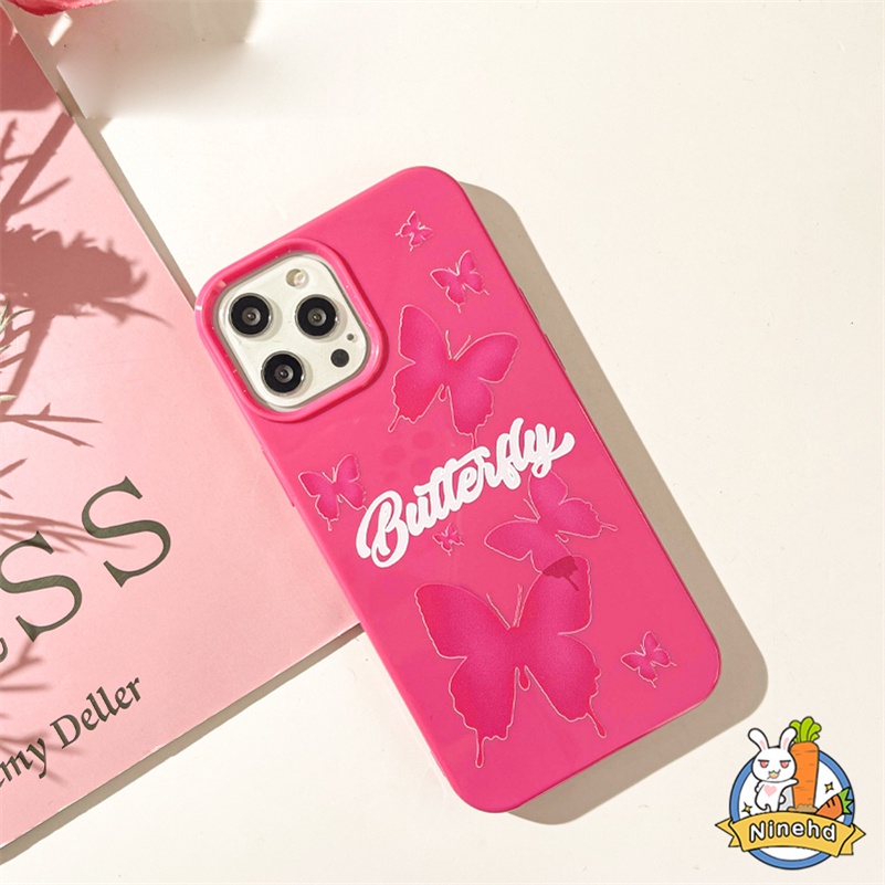 IPHONE Vintage Butterfly Barbie Rose Red Glossy Phone Case Kompatibel Untuk Iphone14 13 12 11 Pro Max X Xr Xs Max 8 7 6 6s Plus SE2020 Keringat Tahan Gores Silikon Lembut Tpu Penutup Belakang