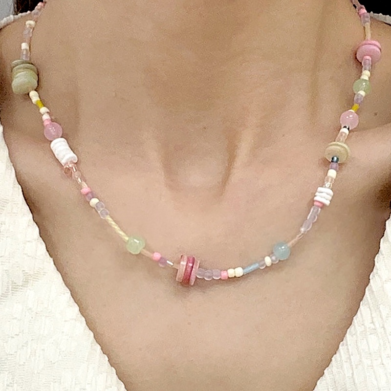 Aksesoris Kalung Pink Manik-Manik Warna-Warni Rantai Tulang Selangka Sederhana Retro