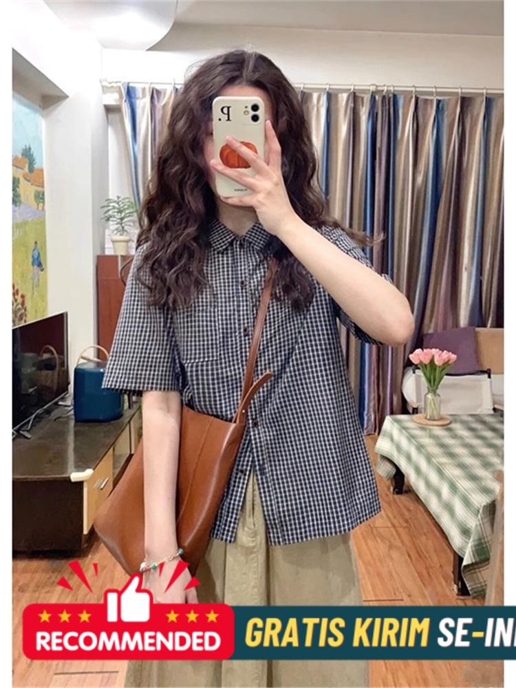 Kemeja Wanita PremiumCek baju lengan pendek untuk wanita dengan peraaan deain muim pana, baju lapel 