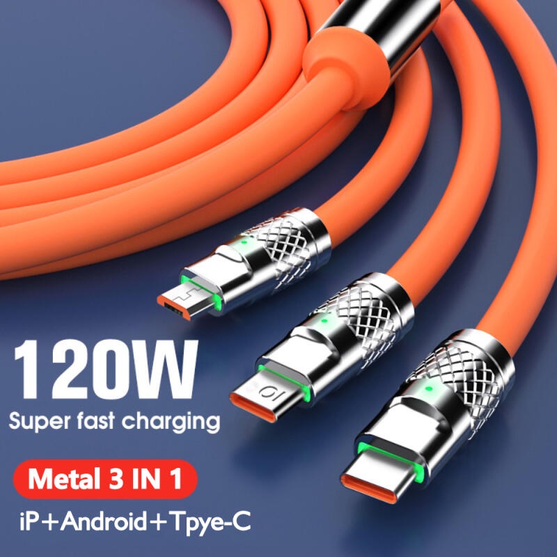 3in1 120W Kabel Pengisian Cepat USB Tipe C Micro Multiple USB Port Phone 6A Zinc Alloy Charging Cables Untuk iP