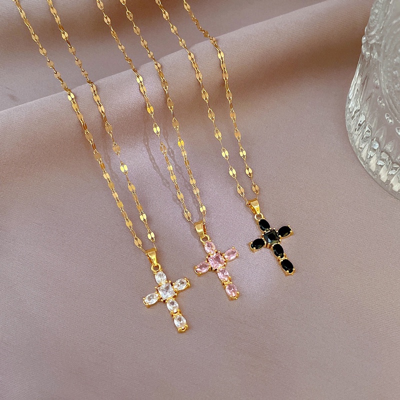 Xiaoboacc Titanium Steel Micro Inaly Zircon Cross Liontin Dan Kalung Wanita Trend Kerah Rantai