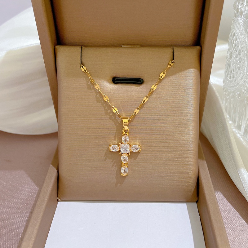 Xiaoboacc Titanium Steel Micro Inaly Zircon Cross Liontin Dan Kalung Wanita Trend Kerah Rantai