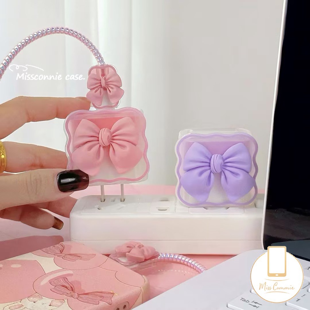 Kartun 3D Ikatan Simpul Gradien Macaron Warna Permen Bergelombang Pinggiran Charger Pelindung Set Kompatibel Untuk Apple 18/20W Adaptor Charger Dengan Penutup Pelindung Gigitan Kabel