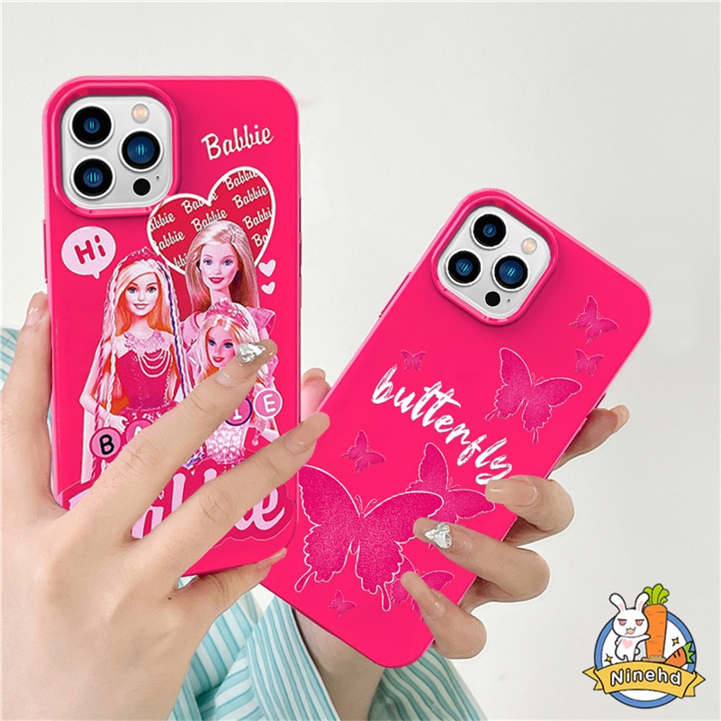IPHONE Vintage Butterfly Barbie Rose Red Glossy Phone Case Kompatibel Untuk Iphone14 13 12 11 Pro Max X Xr Xs Max 8 7 6 6s Plus SE2020 Keringat Tahan Gores Silikon Lembut Tpu Penutup Belakang