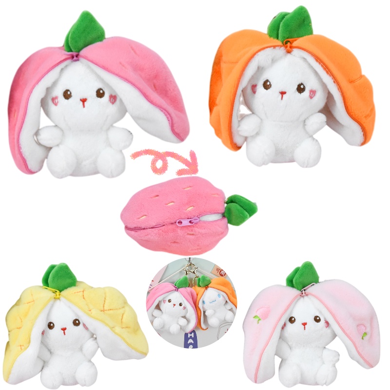 Gantungan Kunci Mainan Mewah Strawberry Bunny Lucu Liontin Boneka Transformasi Buah