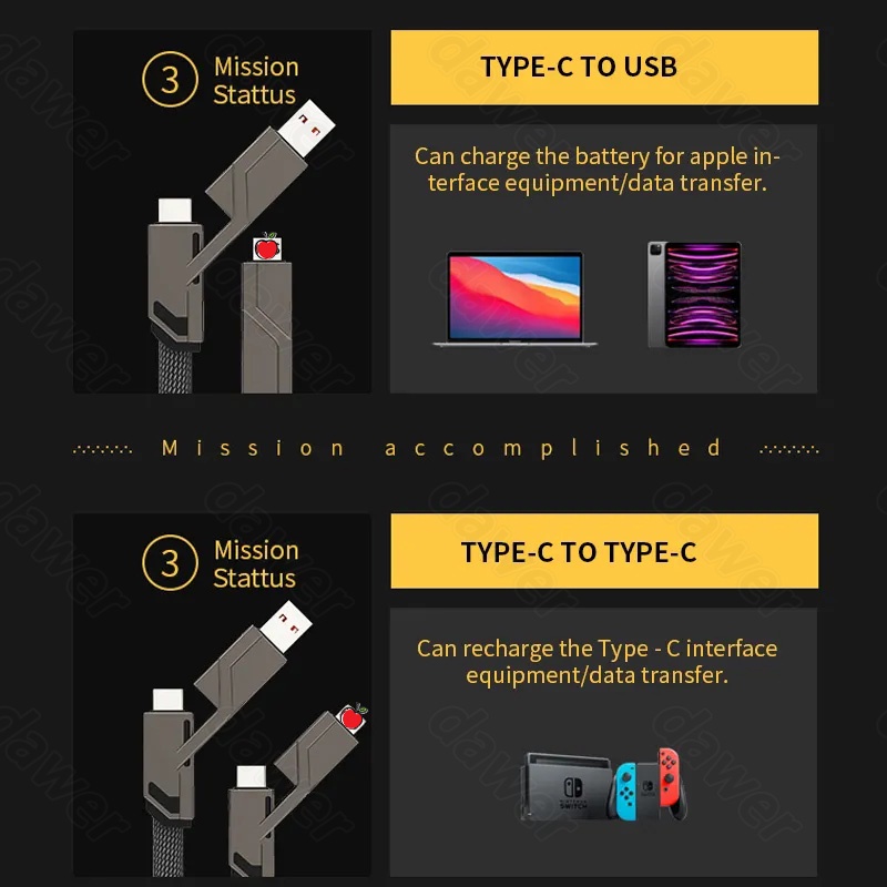 Kabel data 4in1 100W Pengisian Cepat Usb Ke A+Tipe C Ke Pencahayaan+output Tipe C 5A Untuk Ponsel Tablet charge Untuk Mendukung Transmisi data 480Mbps