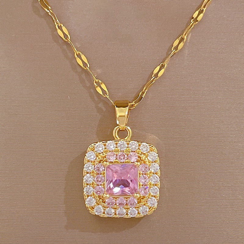 Xiaoboacc Titanium Steel Wome Mewah Berlian Penuh Kalung Rantai Persegi