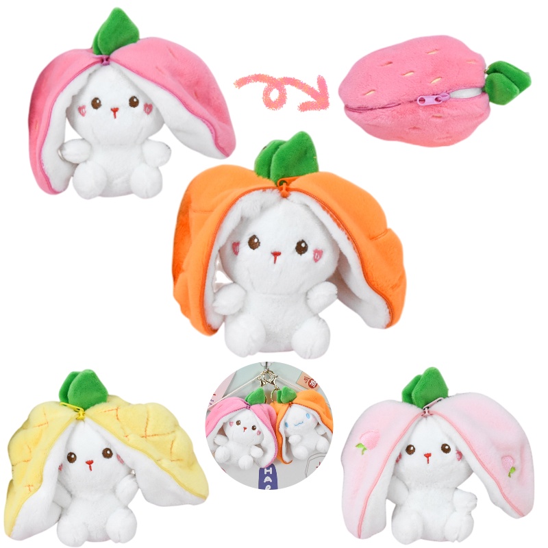 Gantungan Kunci Mainan Mewah Strawberry Bunny Lucu Liontin Boneka Transformasi Buah