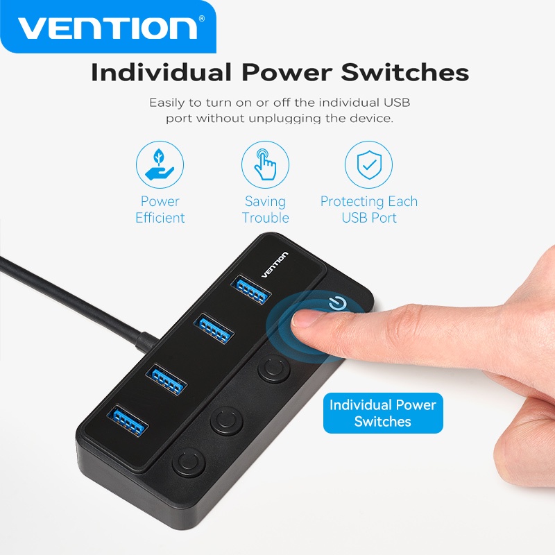 Vention 5in1 HUB USB 3.0 Dengan Saklar Daya Individual 5Gbps USB-C Smart Charging Port Adapter