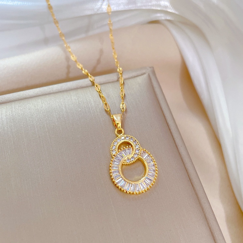 Xiaoboacc Kalung Rantai Kerah Zircon Lapis Emas Titanium Steel Cincin Ganda Untuk Wanita