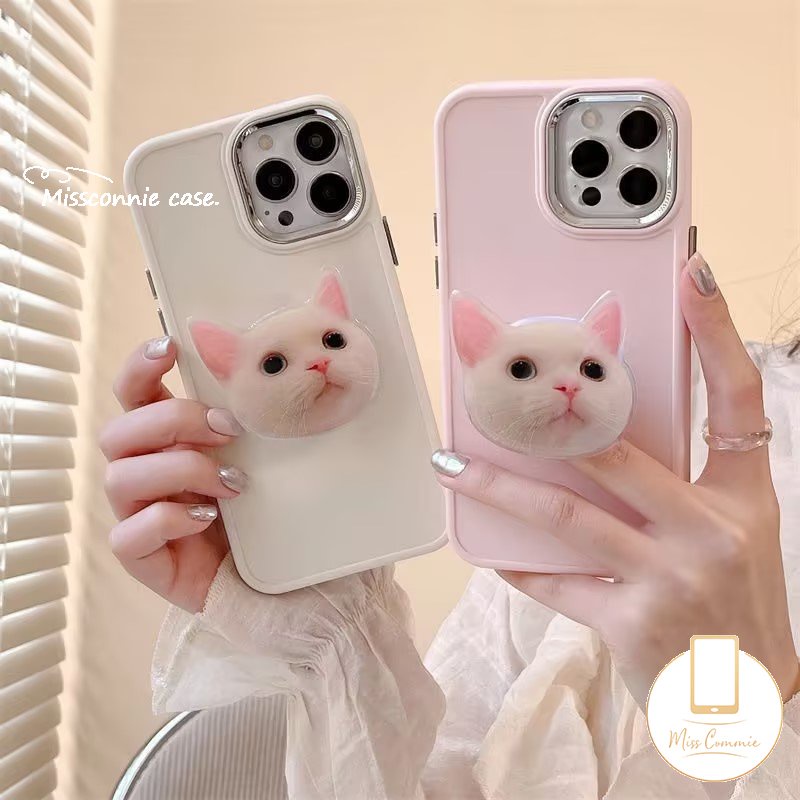 Casing Warna Solid Simple Plating Mewah Kompatibel Untuk IPhone 7plus X XR 11 14 13 12 Pro MAX 7 8 Plus XS MAX Frame Lensa Metal Soft Cover Dengan Braket Kucing Kitty Lucu