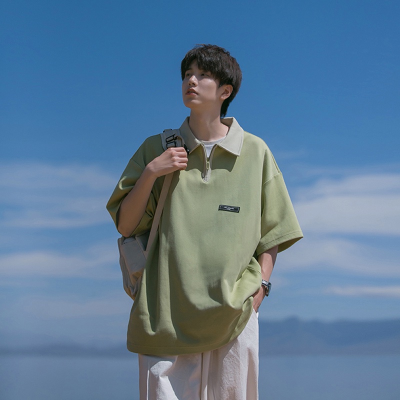 T-shirt Pria Kaos polo perut baju pria dengan lengan pendek musim panas setengah lapel zippered T-sh