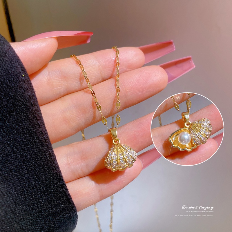 Xiaoboacc Baja Titanium Wanita Sederhana Mikro Bertatahkan Zirkon Kalung Kecil Segar Klavikula Kerah Rantai