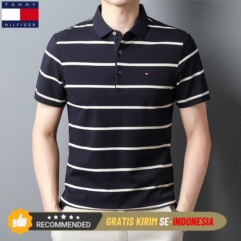 Kaos Polo Kerja Pria Premium Tommy Men's Summer Short Sleeve Stripe Large Loose T-shirt Men's Busine