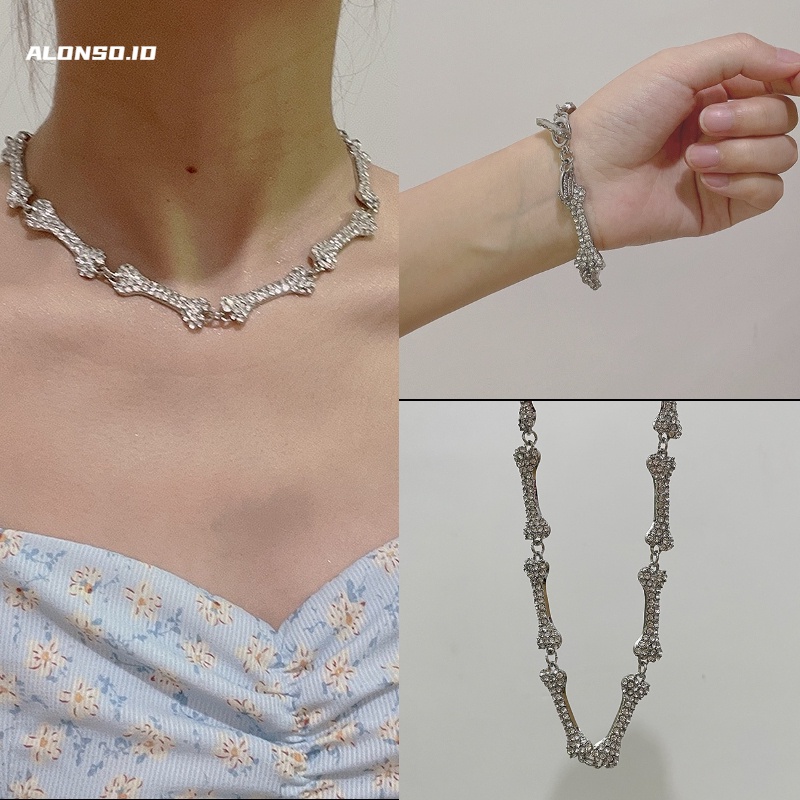 Flash Drill Bone Necklace Aksesoris Kepribadian Pendek Penuh Bor Rantai Klavikula