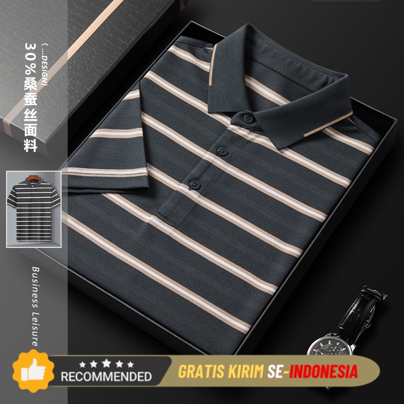 Kaos Polo Kerja Pria Premium T-shirt singkat sutra mulberry laki-laki dengan garis lapel atas, usia 