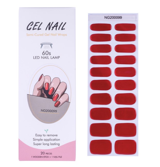 20tips/lembar Semi Sembuh Merah Gel Kuku Strip Patch Sliders Perekat Tahan Air Tahan Lama Full Cover Gel Nail Stcikers Lampu UV Butuh