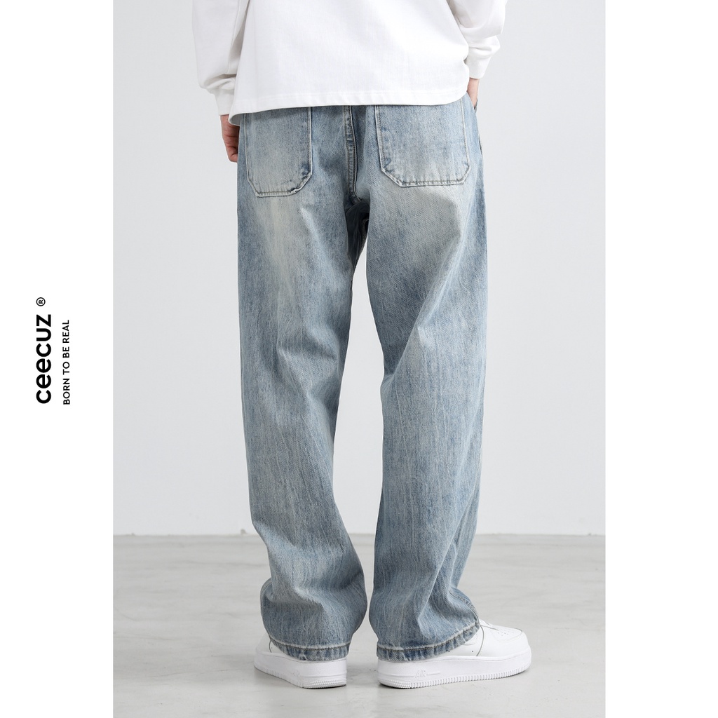 CELANA JEANS PRIA Ceecuz American Basic Washed Old Jeans High Street Loose Straight Stacked Long Pan