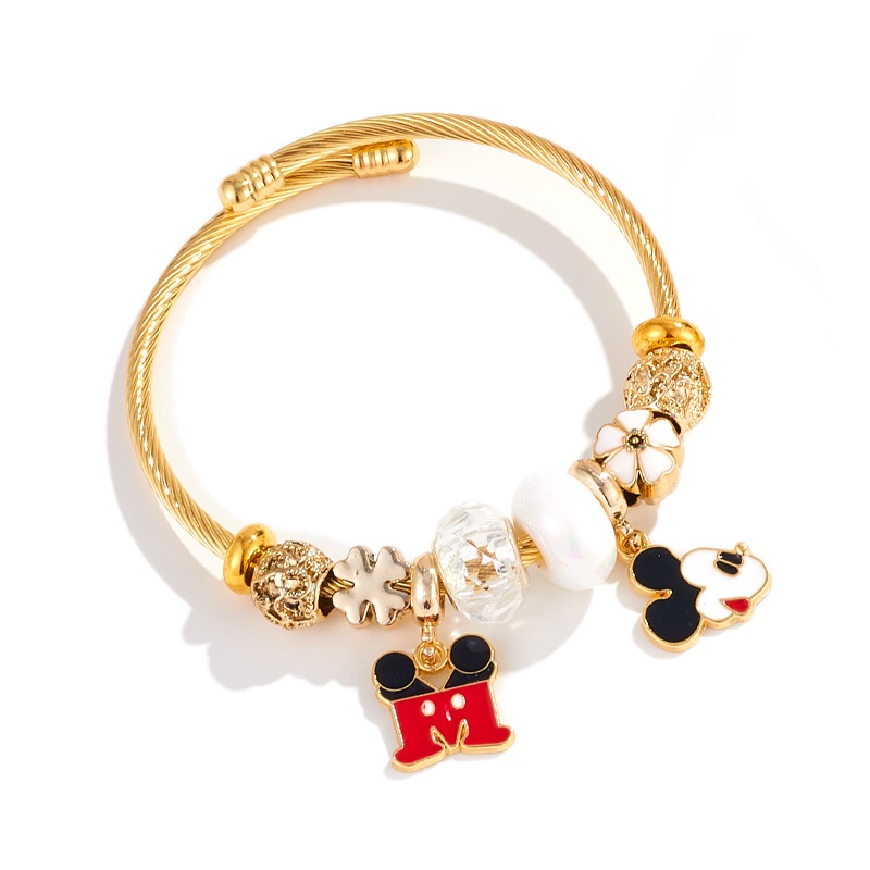 Xiaoboacc Gelang Emas Anti Karat Untuk Wanita Mahasiswa Kartun Mickey Minnie Open Beads Bangles