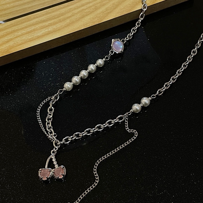 Aksesoris Kalung Rumbai Mutiara Disambung Versi Korea Ringan Mewah Pink Cherry Pendant Rantai Klavikula