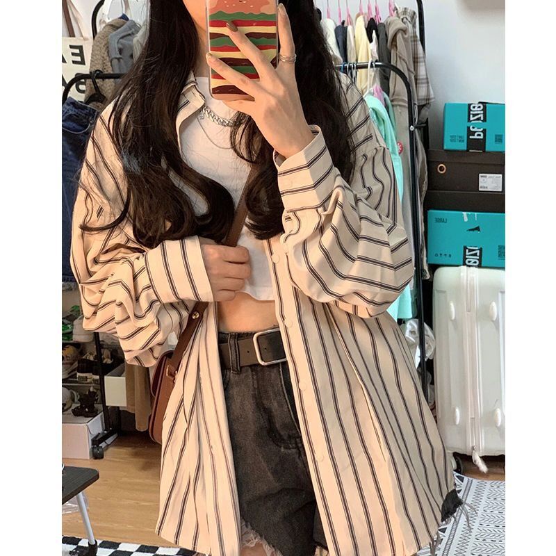 Atasan Wanita Best Seller  Gaya Korea Layar Matahari Baru 2023 Summer Shirt Stripe Design Sense Litt