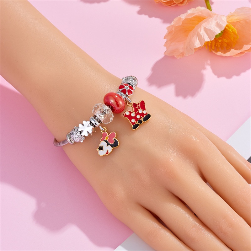 Xiaoboacc Gelang Perak Anti Karat Untuk Wanita Perempuan Indah Kartun Mickey Minnie Beads Bangles