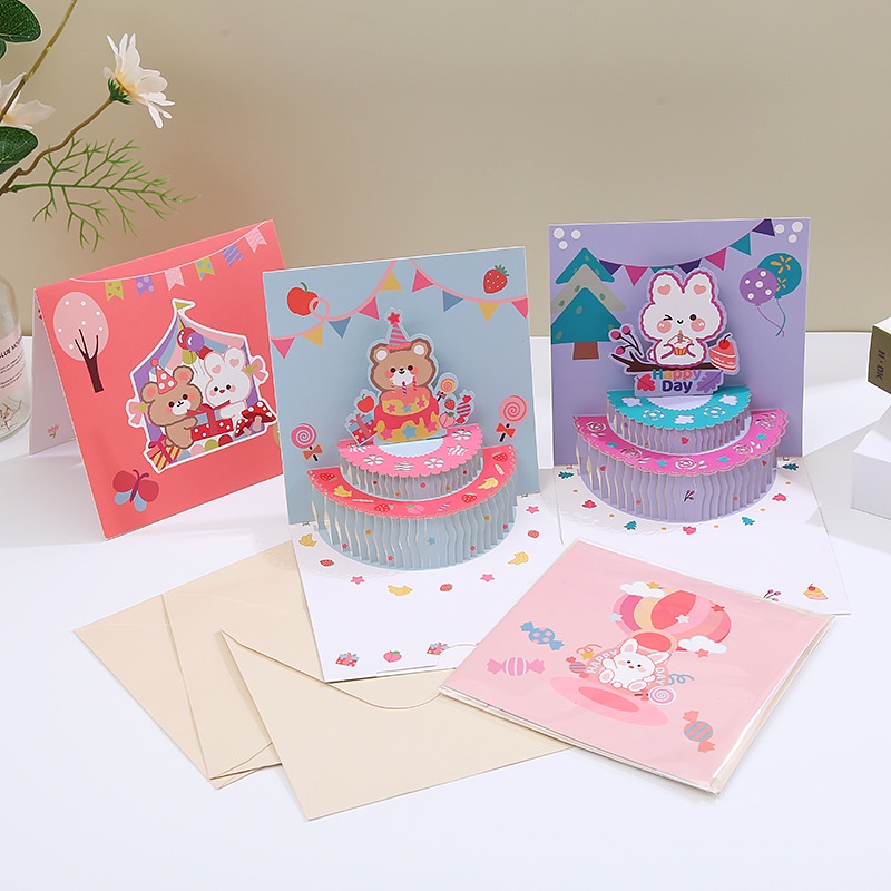 3d Happy Birthday Card Pop Up Greeting Kartu Lucu Kue Ulang Tahun Postcards Hadiah Liburan Dengan Amplop