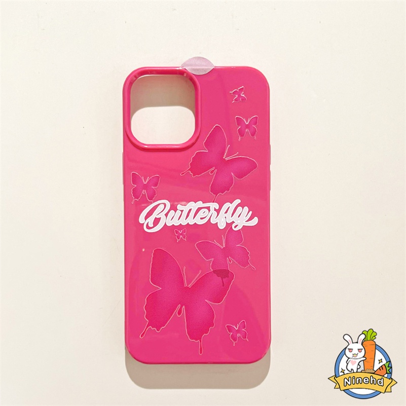 IPHONE Vintage Butterfly Barbie Rose Red Glossy Phone Case Kompatibel Untuk Iphone14 13 12 11 Pro Max X Xr Xs Max 8 7 6 6s Plus SE2020 Keringat Tahan Gores Silikon Lembut Tpu Penutup Belakang