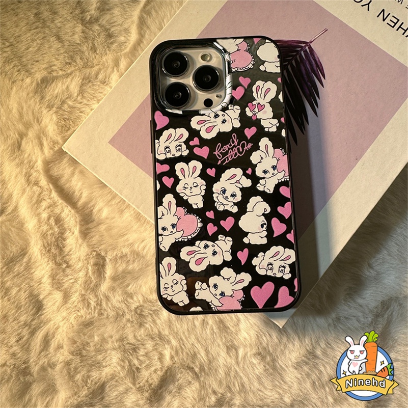 Ins Korea Little White Rabbit Glossy IPhone Case Kompatibel Untuk Iphone14 13 12 11 Pro Max X Xr Xs Max 8 7 6 6s Plus SE 2020 Hitam Shockproof Pembuangan Panas Silikon Soft Case