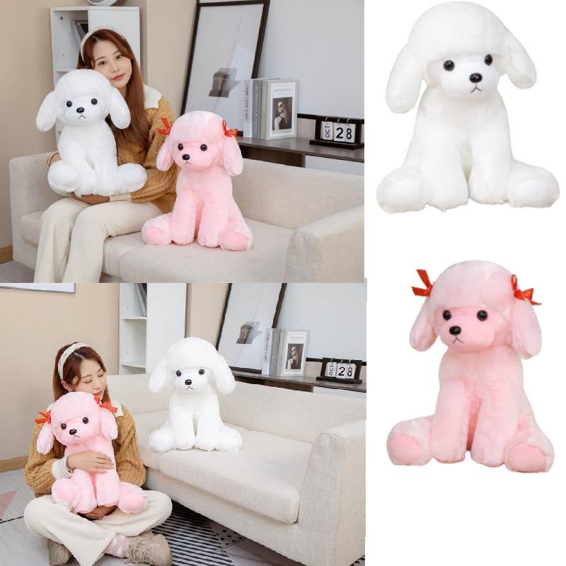 45 cm Duduk Pose Poodle Plush Toy Stuffed Animal Pink Putih Boneka Anjing Berbulu