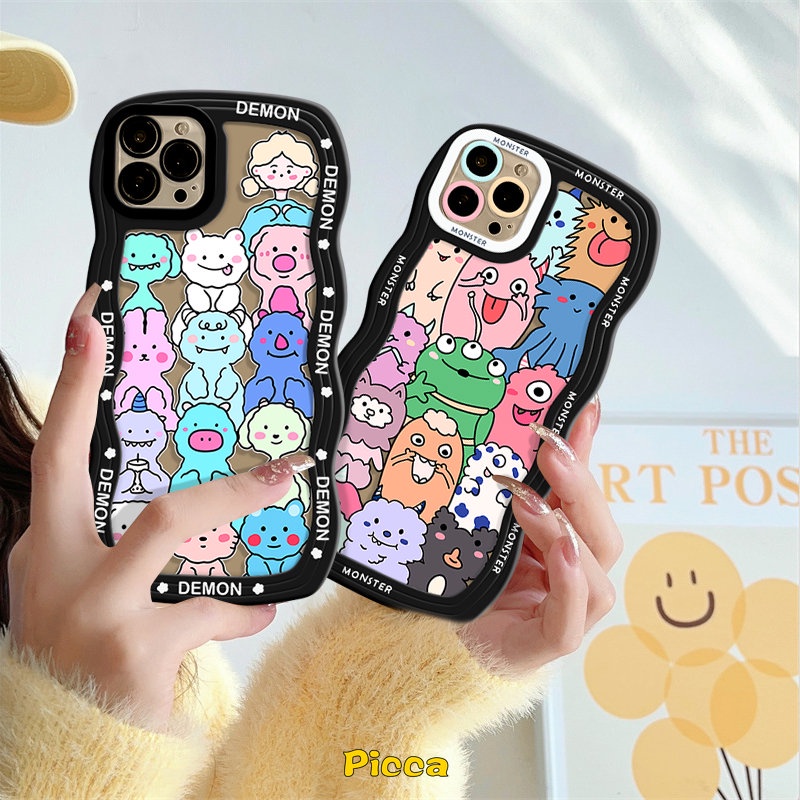 Case Monster Kecil Lucu Imut Kompatibel Untuk IPhone XR 11 13 12 14 Pro Max 7Plus 6s 6 7 8 Plus X XS Max14 Plus SE 2020 Kartun Hewan Lembut Bergelombang Tepi Belakang Ponsel Cover