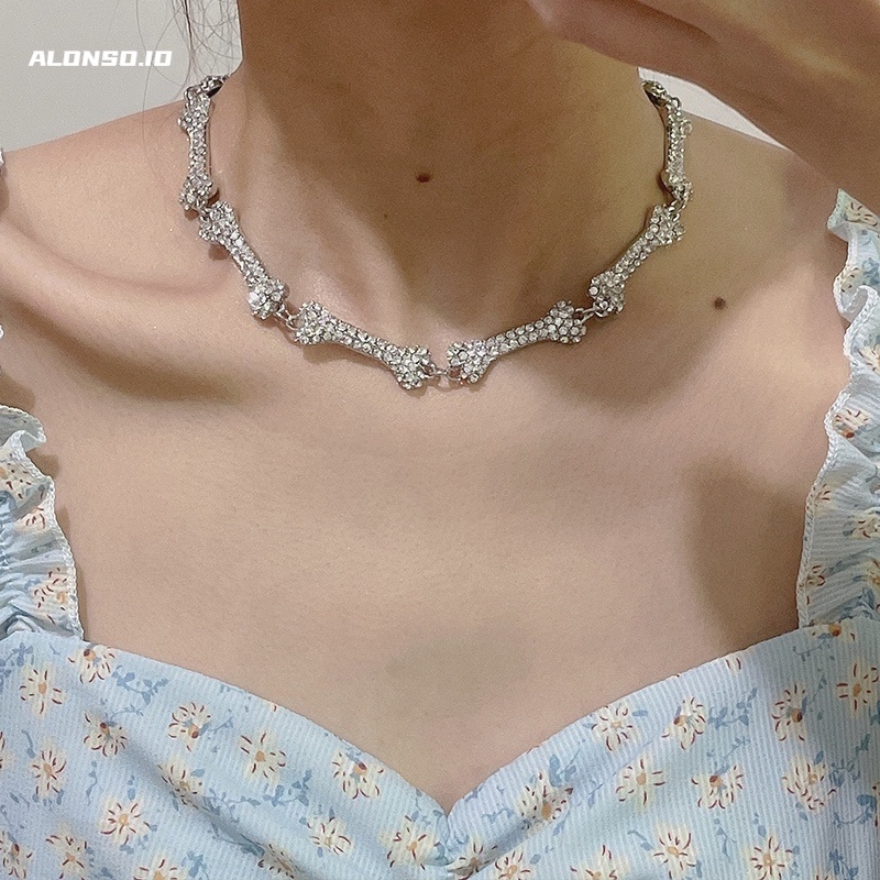 Flash Drill Bone Necklace Aksesoris Kepribadian Pendek Penuh Bor Rantai Klavikula