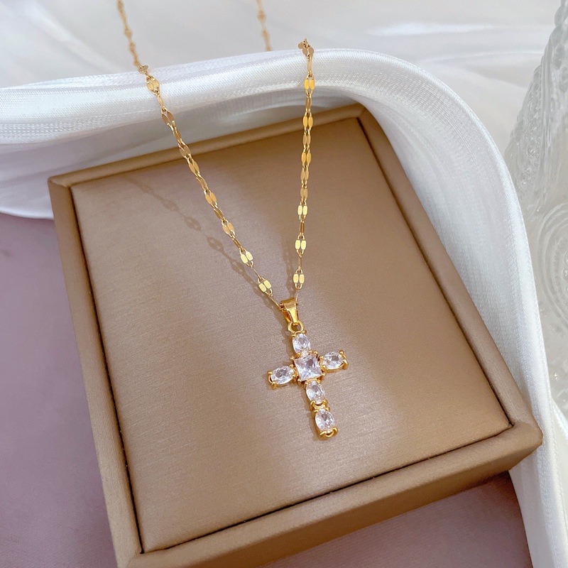 Xiaoboacc Titanium Steel Micro Inaly Zircon Cross Liontin Dan Kalung Wanita Trend Kerah Rantai