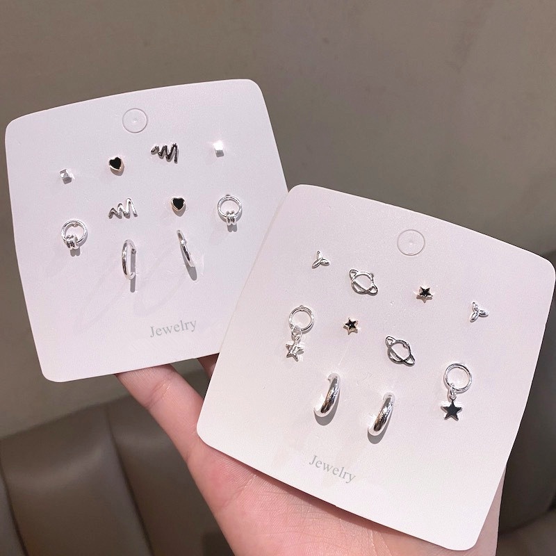 Roselife 10PCs Ins Trendi S925 Perak Kecil Planet Bintang Stud Anting-Anting Untuk Wanita Perempuan Korea Lucu Geometris Anting-Anting Set Alergi Gratis Telinga Perhiasan Aksesoris