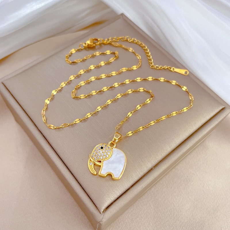 Xiaoboacc Titanium Steel Wanita Mewah Shell Gajah Berlian Klavikula Rantai Kalung