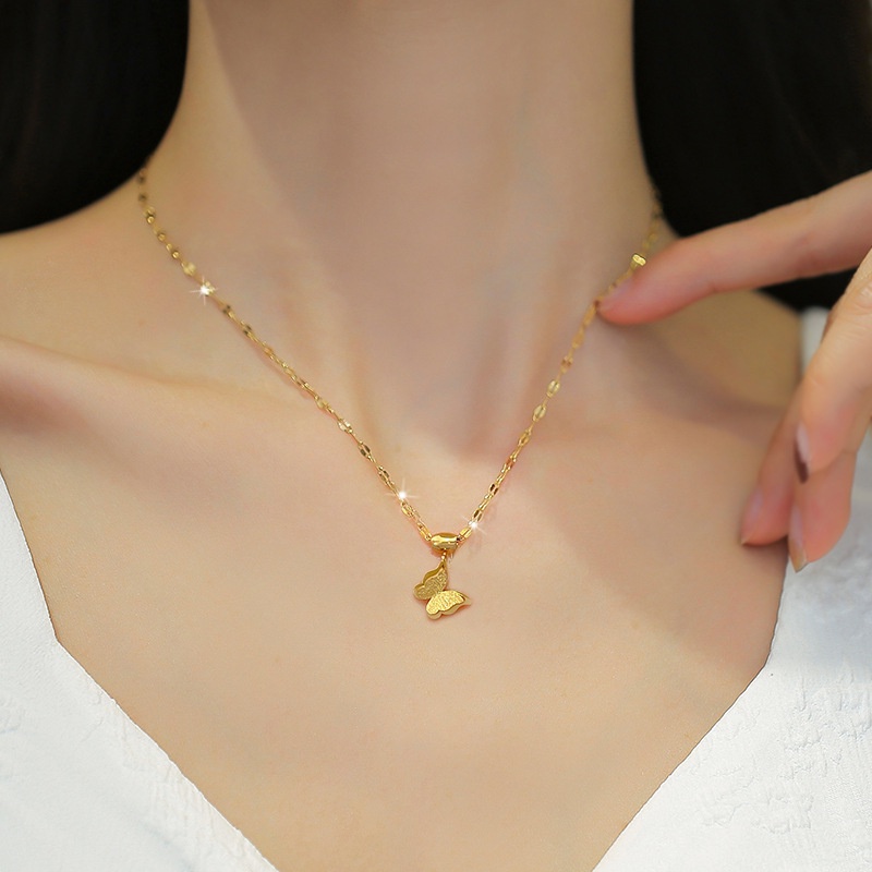 Xiaoboacc Titanium Steel Wanita Minimalis Kupu-Kupu Rantai Kalung Berlapis Emas Gadis Mewah Choker Perhiasan