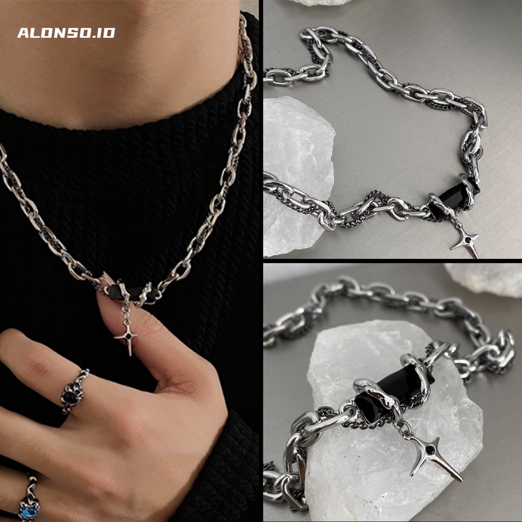 Aksesoris Kalung Multilayer Permata Hitam Trendy Hip Hop