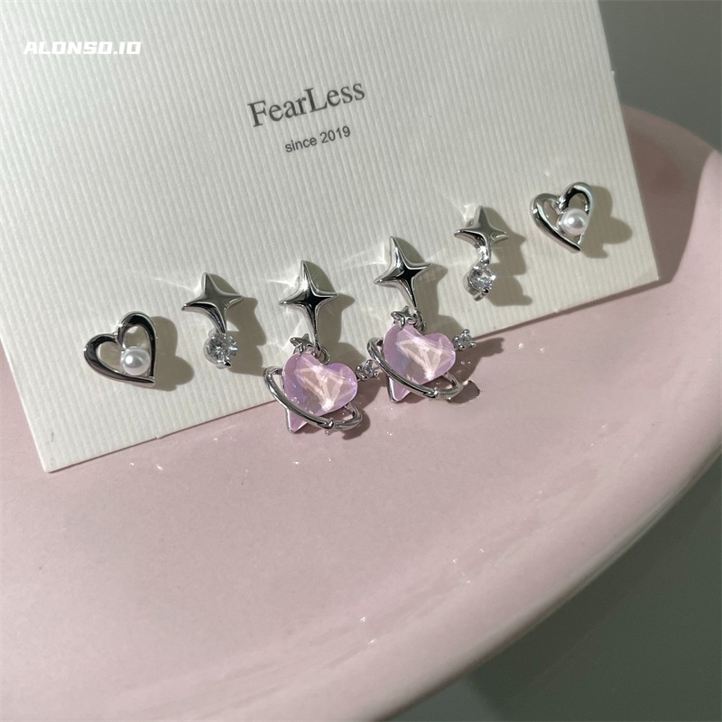 Anting Enam Potong Cinta Pink Aksesoris Temperamen Versi Korea